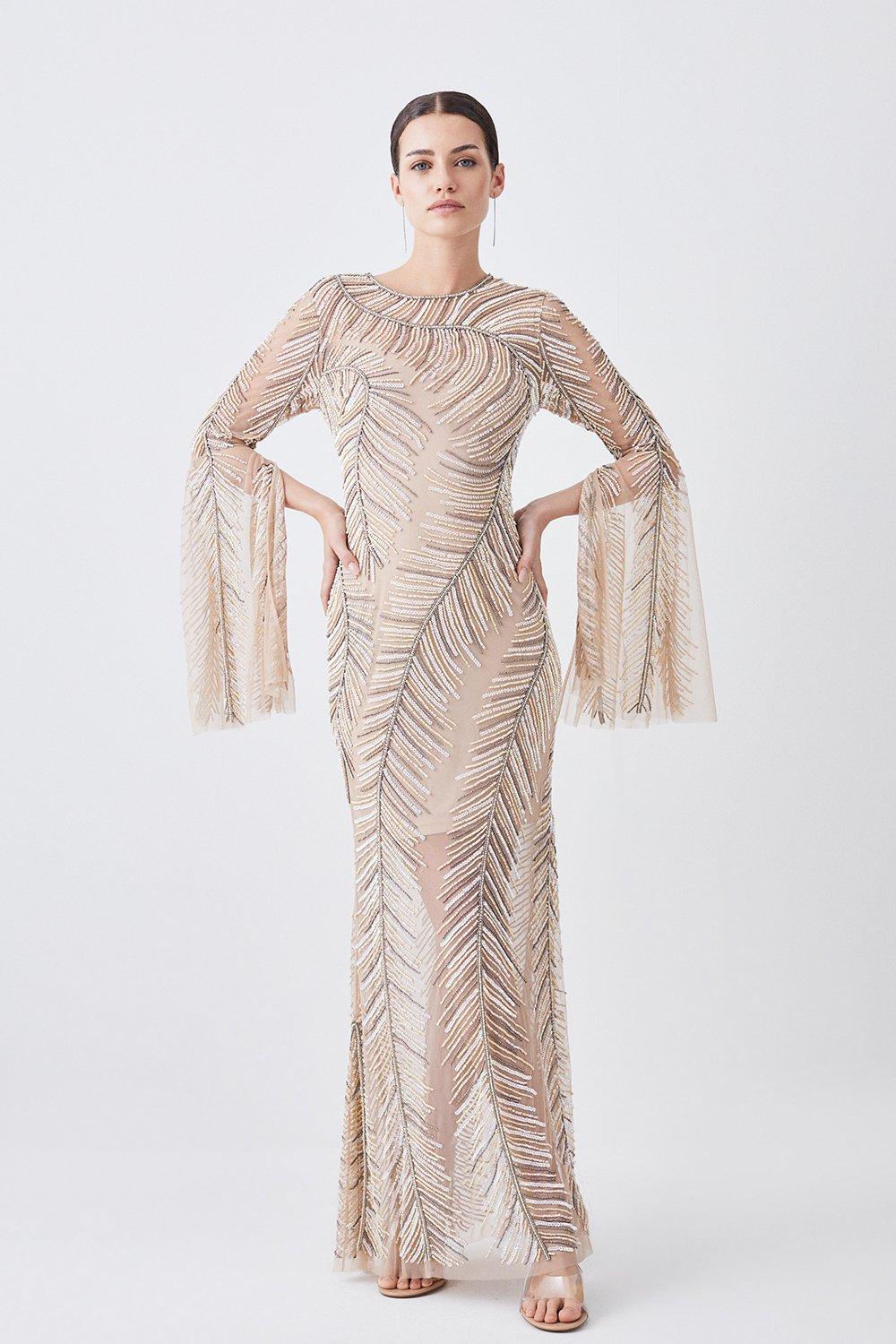 Petite High Neck Embellished Ruched Georgette Woven Maxi
